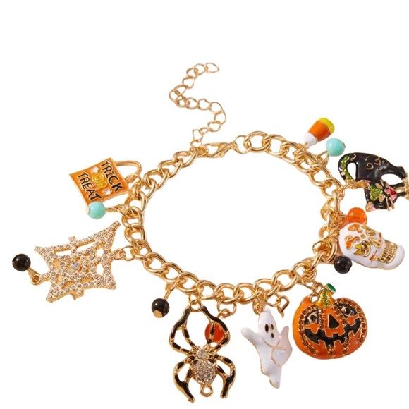 Halloween Charm Bracelet on Gold Chain | Super Cute | Spooky, Ghost, Spider Web - Picture 6 of 7